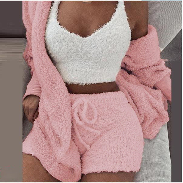 Sexy Fluffy Sets Velvet Plush Hooded Sweater+Shorts+Crop Top