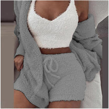 Cargar imagen en el visor de la galería, Sexy Fluffy Sets Velvet Plush Hooded Sweater+Shorts+Crop Top
