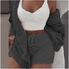 Cargar imagen en el visor de la galería, Sexy Fluffy Sets Velvet Plush Hooded Sweater+Shorts+Crop Top
