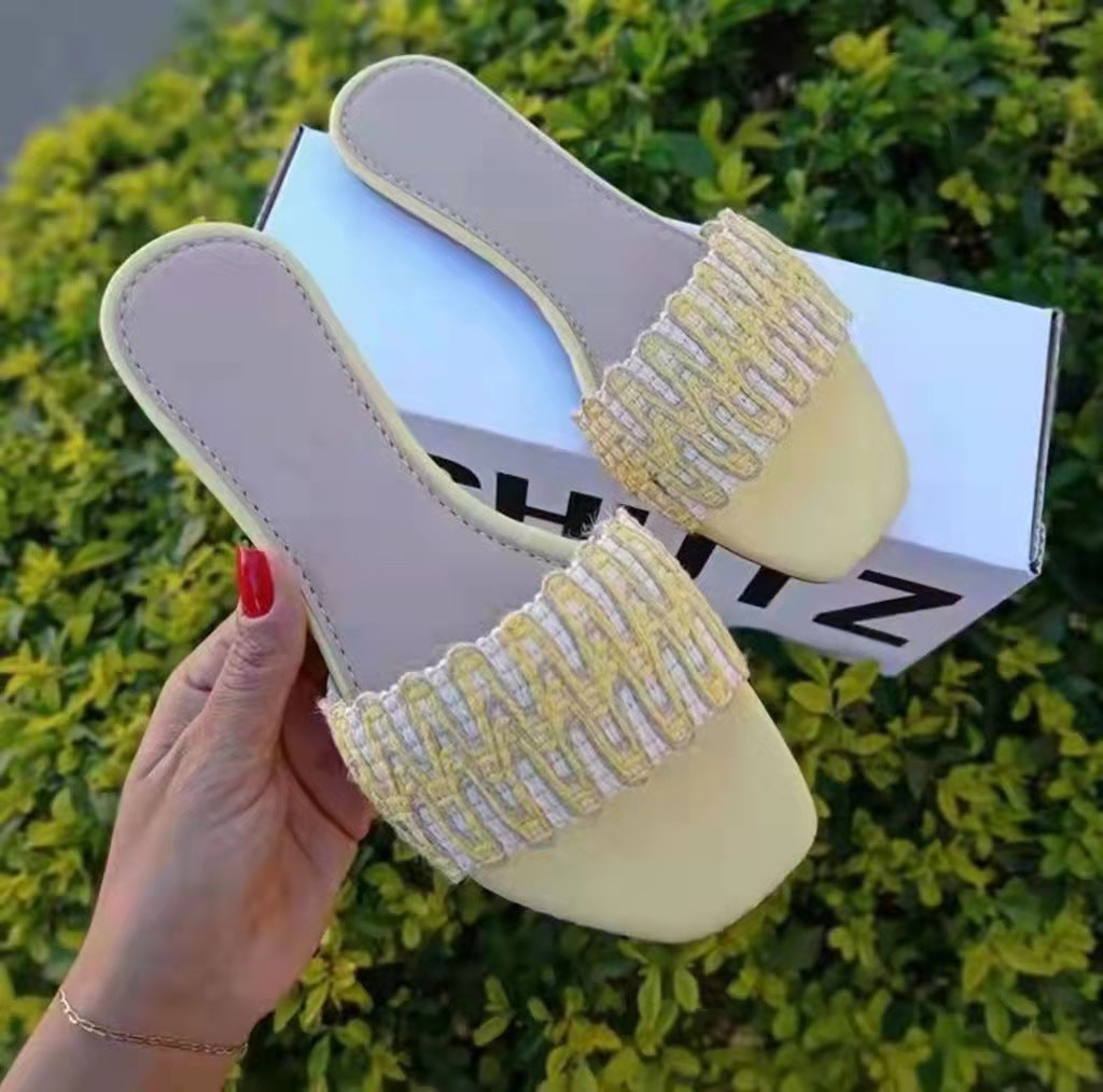 [W-Zapato] 22 Sandalias Y Pantuflas Cómodas Para Mujer A La Moda Con Tejido De Lino Y Algodón De Una Sola Palabra De Verano
