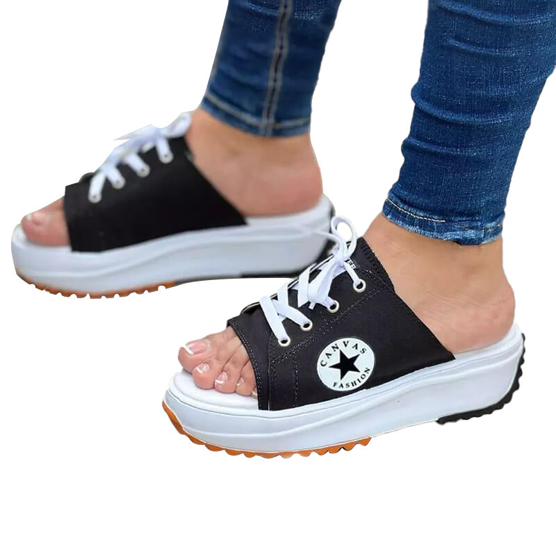 [W-Zapato] Sandalias De Mujer De Lona Con Punta Abierta Y Cordones